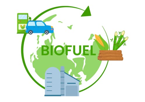 Biofuel Life Cycle of Natural Materials and Plants with Green Barrels or Biogas Production Energy in Flat Cartoon Hand Drawn Templates Illustration