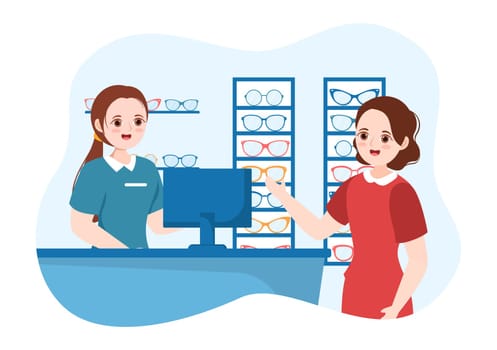 Eye Glasses Store or Optical Shop with Accessories, Optician, Checking Vision and Eyeglasses in Flat Cartoon Hand Drawn Templates Illustration