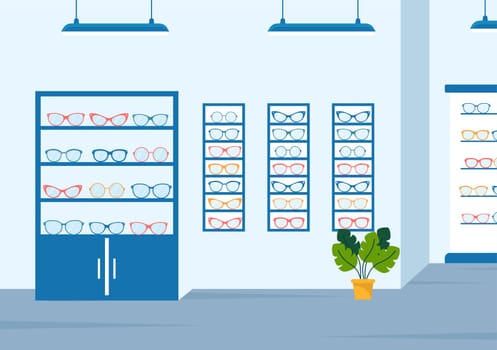 Eye Glasses Store or Optical Shop with Accessories, Optician, Checking Vision and Eyeglasses in Flat Cartoon Hand Drawn Templates Illustration