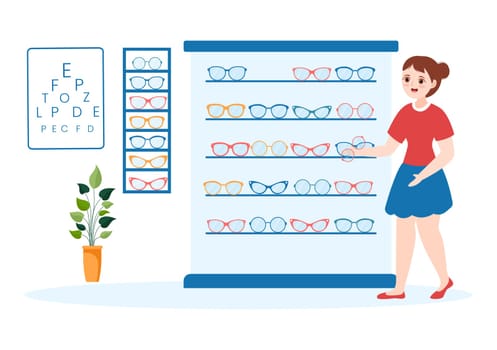 Eye Glasses Store or Optical Shop with Accessories, Optician, Checking Vision and Eyeglasses in Flat Cartoon Hand Drawn Templates Illustration