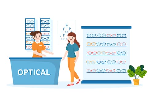 Eye Glasses Store or Optical Shop with Accessories, Optician, Checking Vision and Eyeglasses in Flat Cartoon Hand Drawn Templates Illustration