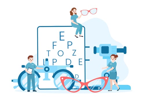 Eye Glasses Store or Optical Shop with Accessories, Optician, Checking Vision and Eyeglasses in Flat Cartoon Hand Drawn Templates Illustration