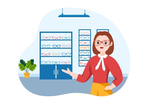 Eye Glasses Store or Optical Shop with Accessories, Optician, Checking Vision and Eyeglasses in Flat Cartoon Hand Drawn Templates Illustration
