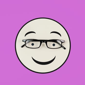Head with a smiling face and eyeglasses, mental health concept, positive mindset, support and evaluation symbol