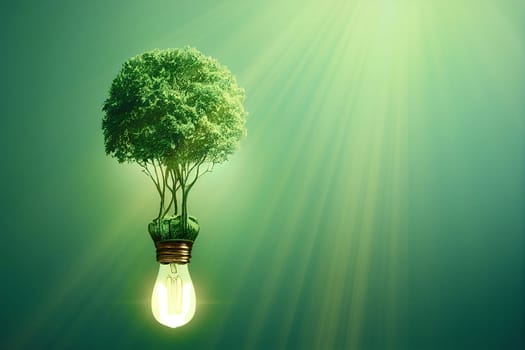 Illustration of a light bulb with a tree inside, green renewable energy, substainable technology, co2 reduction