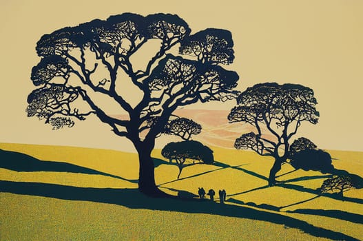 Landscape with silhouette trees, park in sunset or sunrise, countryside, illustration