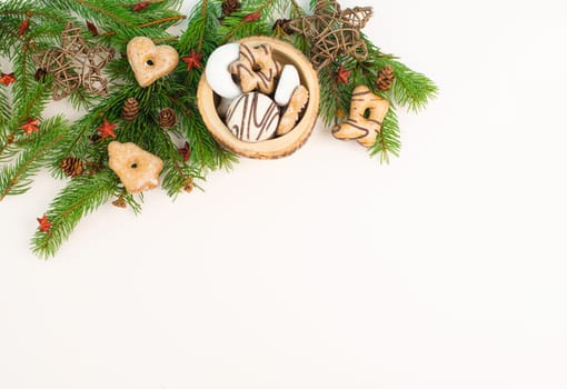 Nurnberg elisen gingerbread mix, traditional german christmas sweets with fir branches and pine cones, holiday background with copy space