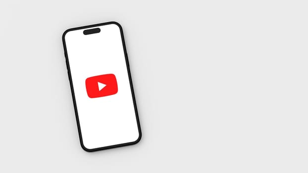 Youtube Logo on Mobile Phone Screen on Flat Light Gray Background with Copy Space 3D Render Illustration, Top View