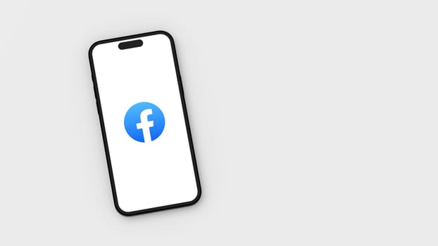 Facebook Logo on Smartphone Screen on Flat Light Gray Background with Copy Space 3D Render Illustration Top View