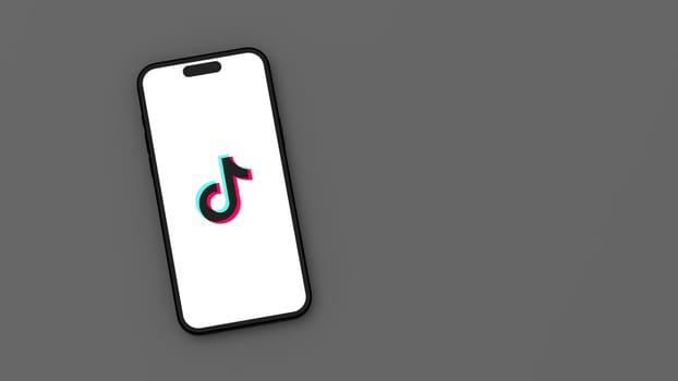 Tiktok Logo on Mobile Phone Screen on Flat Dark Gray Background with Copy Space 3D Render Illustration, Top View