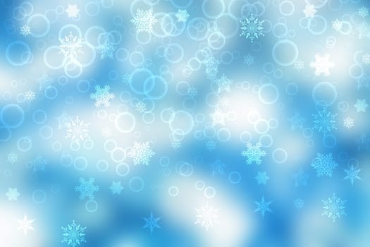 Abstract blurred festive light blue winter christmas or Happy New Year background texture with shiny blue and white bokeh lighted glittering snowflakes and stars. Space for your design. Card concept.