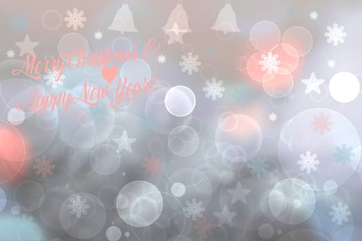Abstract festive pink blue greeting card with christmas stars, bells and a bokeh lighted Merry Christmas and Happy New Year text. Beautiful backdrop with space.