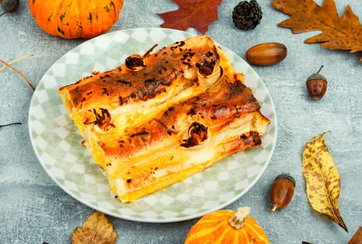 Pumpkin baked with cottage cheese in pita bread, appetizing autumn pie.