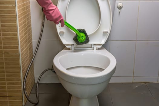 Woman cleaning toilet ware that is very dirty.