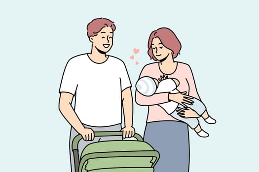 Happy young family with baby walking with stroller outdoors. Smiling parents with child in hands enjoying walk outside. Vector illustration.