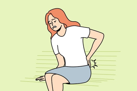 Unwell young woman sit on bench struggle with backache. Unhealthy female stand up suffer from back pain or rheumatism. Vector illustration.