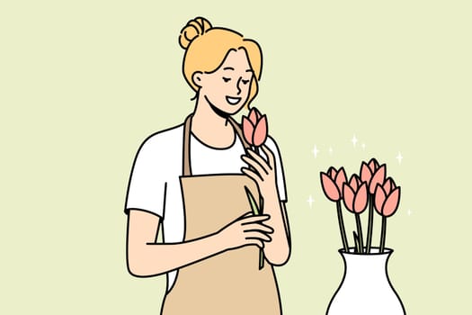Smiling woman in apron with flowers in shop. Happy female florist working with roses composition in floral shop. Vector illustration.