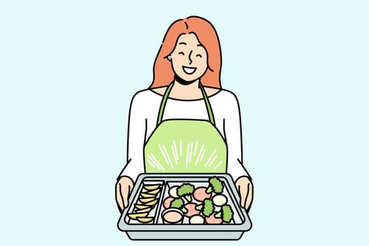 Smiling woman in apron holding tray with delicious food baking. Happy housewife cooking meal at home. Diet and nutrition. Vector illustration.