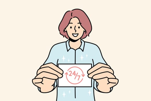 Smiling woman holding business card showing 24 7 service. Happy female present card with all day assistance or aid. Vector illustration.