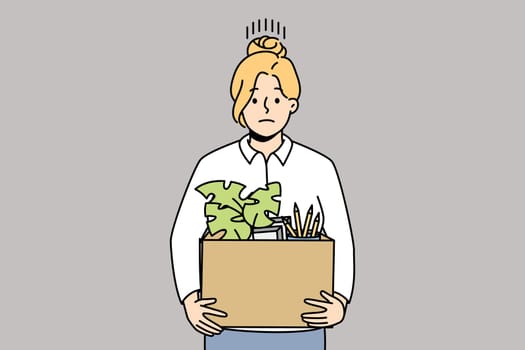 Unhappy female employee with box with personal belongings fired from work leave office. Stressed woman worker dismissed from job and workplace. Vector illustration.