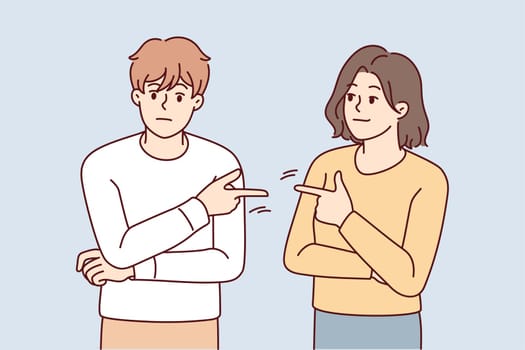 Couple point fingers at each other avoid responsibility in fight or argument. Stubborn man and woman put guilt on one another. Relationship problem. Vector illustration.