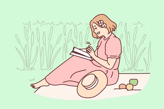 Woman sitting in field reading book. Happy girl enjoy summer picnic with magazine or textbook. Summertime relaxation. Vector illustration.