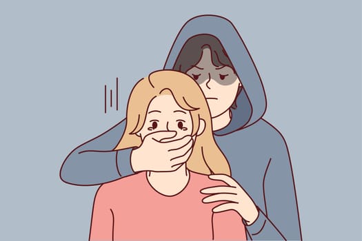Man in hood close scared woman mouth with hand. Male criminal or offender attack terrified female. Concept of kidnapping and crime. Vector illustration.