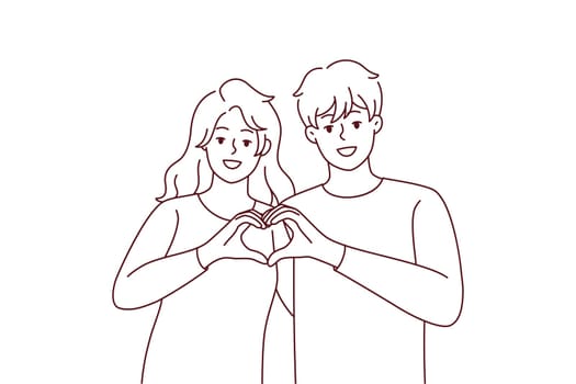 Smiling couple hug show heart hand gesture. Happy man and woman demonstrate love sign share affection and care. Relationships concept. Vector illustration.