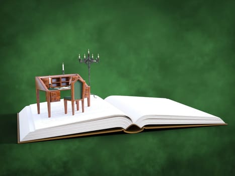 3D rendering of an open book with miniature chair, desk, candles and writing material. Book or letter writing and storytelling concept.