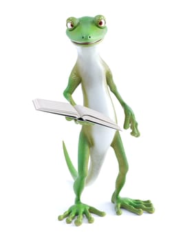 3D rendering of a cool green gecko or lizard standing up and holding an open book in its hand. It's storytime! White background.