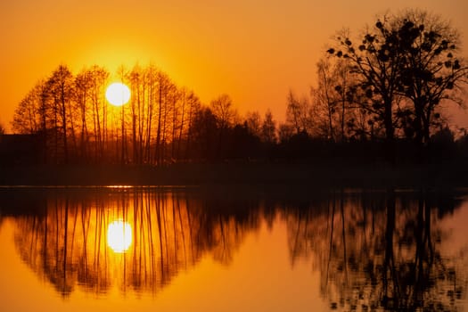 The sunset behind the trees reflecting in the water, spring evening