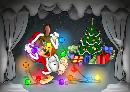 Cartoon Christmas Card with a Snowy Theater Scene with a Doggy in a Santa Claus Costume Holding Christmas Lights - Colored Cartoon Illustration