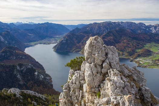Lake Traunsee and Alps seen from Traunstein, Upper Austria, Austria