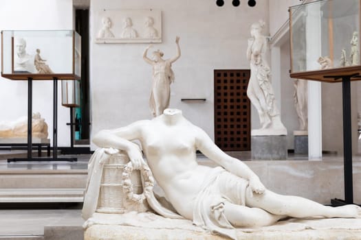 Possagno, Italy - August 2022: Antonio Canova collection. Classical sculptures in white marble, gallery of masterpieces