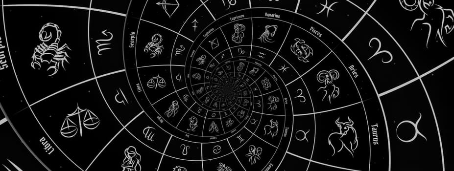 Astrological background with zodiac signs and symbol - black