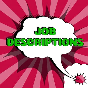 Hand writing sign Job Descriptions, Internet Concept difficulties in communication Speaking different language Businessman Pointing On Power Button And Opening Computer Applications.