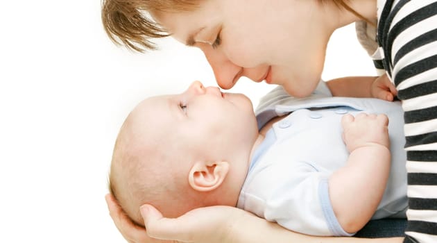 mother and baby over white