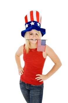 Beautiful Caucasian woman celibrating the 4th of July