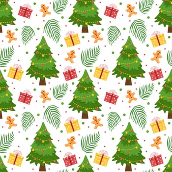 Christmas Background Seamless Pattern Design With Santa Claus, Tree, Snowman And Gifts in Template Hand Drawn Cartoon Flat Illustration