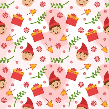 Christmas Background Seamless Pattern Design With Santa Claus, Tree, Snowman And Gifts in Template Hand Drawn Cartoon Flat Illustration