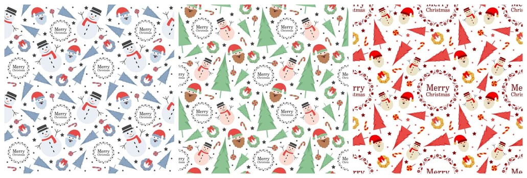 Set of Christmas Background Seamless Pattern Design With Santa Claus, Tree, Snowman And Gifts in Template Hand Drawn Cartoon Flat Illustration