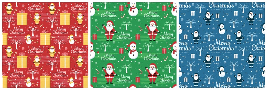 Set of Christmas Background Seamless Pattern Design With Santa Claus, Tree, Snowman And Gifts in Template Hand Drawn Cartoon Flat Illustration