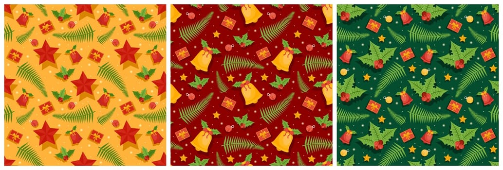 Set of Christmas Background Seamless Pattern Design With Santa Claus, Tree, Snowman And Gifts in Template Hand Drawn Cartoon Flat Illustration