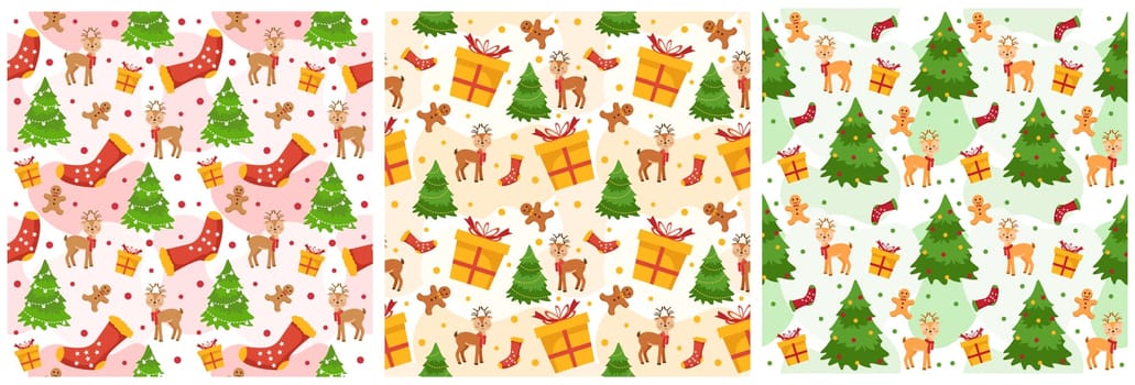 Set of Christmas Background Seamless Pattern Design With Santa Claus, Tree, Snowman And Gifts in Template Hand Drawn Cartoon Flat Illustration