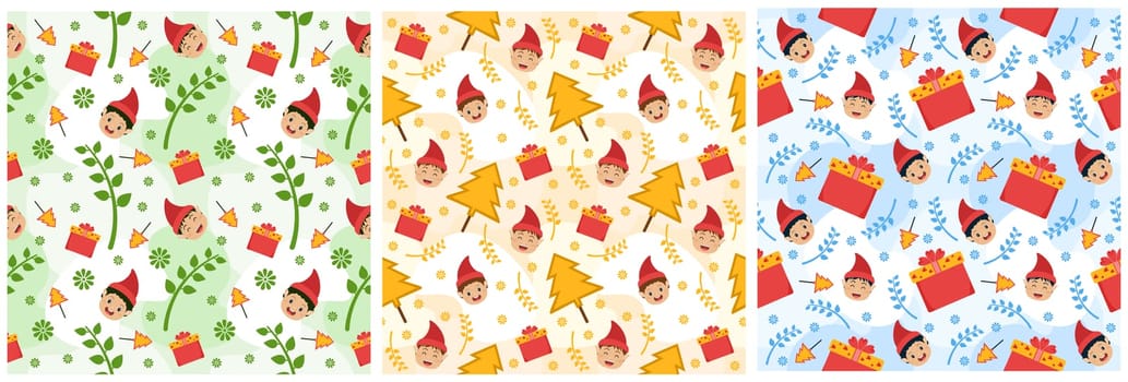 Set of Christmas Background Seamless Pattern Design With Santa Claus, Tree, Snowman And Gifts in Template Hand Drawn Cartoon Flat Illustration