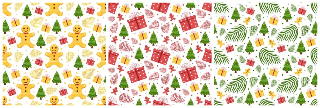 Set of Christmas Background Seamless Pattern Design With Santa Claus, Tree, Snowman And Gifts in Template Hand Drawn Cartoon Flat Illustration