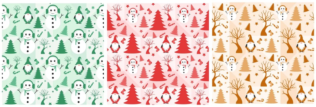 Set of Christmas Background Seamless Pattern Design With Santa Claus, Tree, Snowman And Gifts in Template Hand Drawn Cartoon Flat Illustration