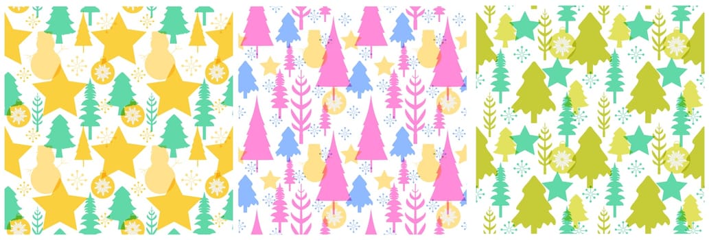 Set of Christmas Background Seamless Pattern Design With Santa Claus, Tree, Snowman And Gifts in Template Hand Drawn Cartoon Flat Illustration