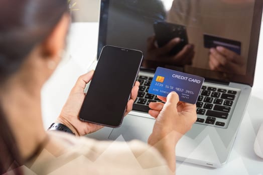 Woman hands holding credit card and smartphone with product purchase at home, Female register via credit cards on mobile phone to make digital payment security online, Internet online shopping concept