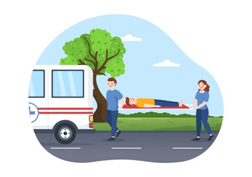 Medical Vehicle Ambulance Car or Emergency Service for Pick Up Patient the Injured in an Accident in Flat Cartoon Hand Drawn Templates Illustration